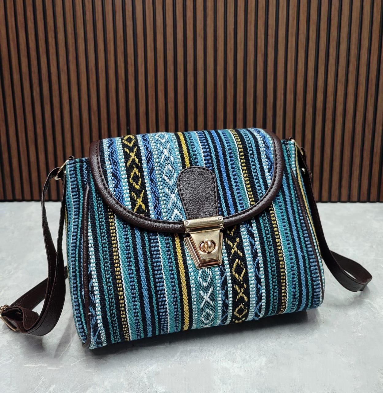 Siksyra Jacquard Cotton Sling Bag with Turn Button – Double Compartment