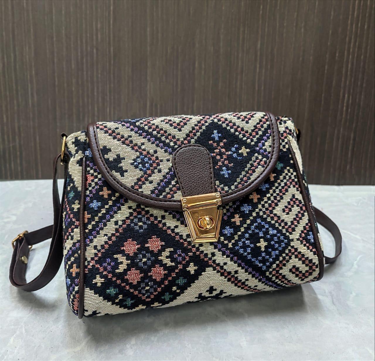 Everyday Sling Bag with Turn Button Flap – Siksyra Jacquard Fabric Bag