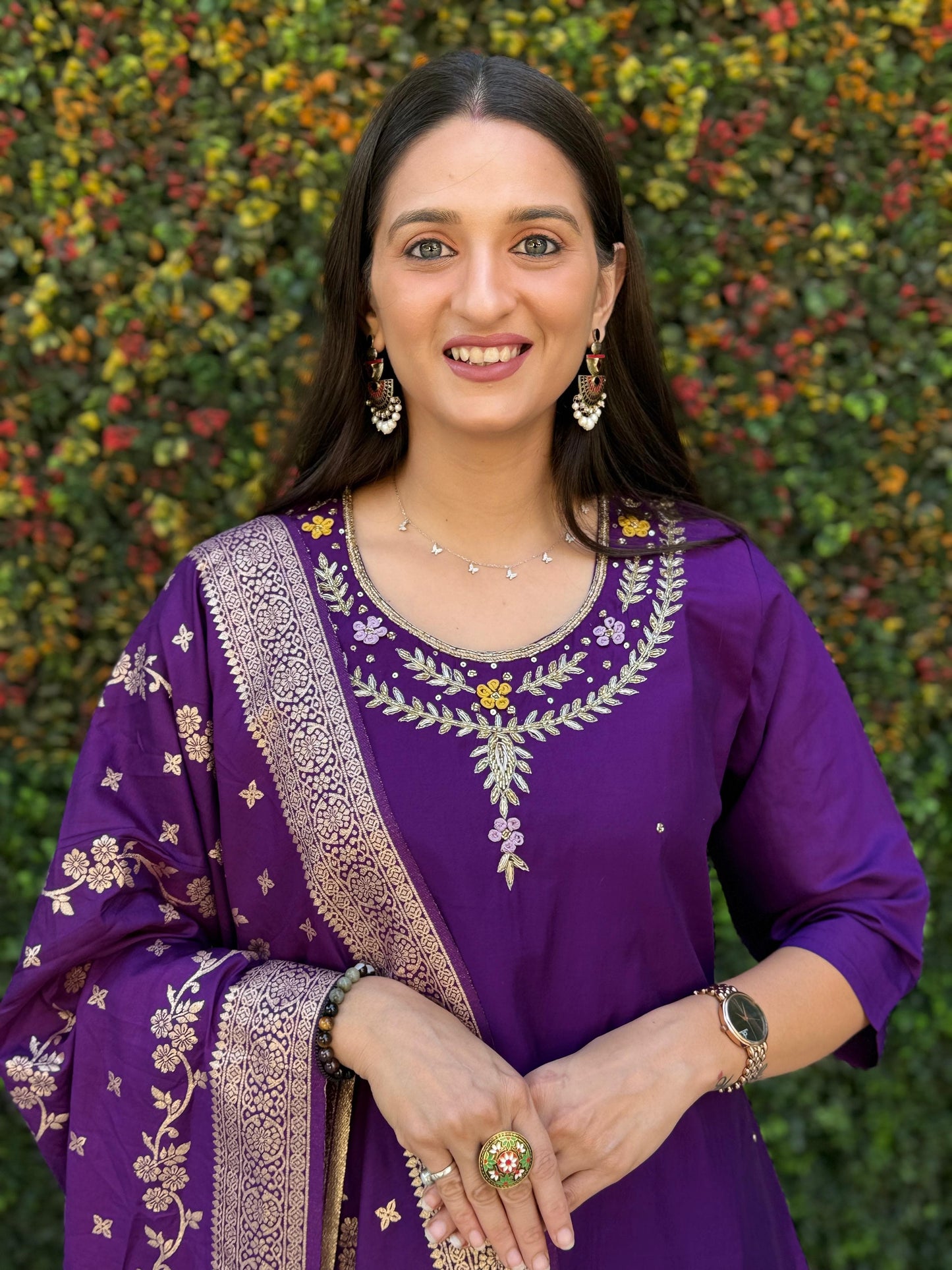 Siksyra Designer Roman Silk Kurti Pant Dupatta Set (KR-352) – Premium Purple Ethnic Wear