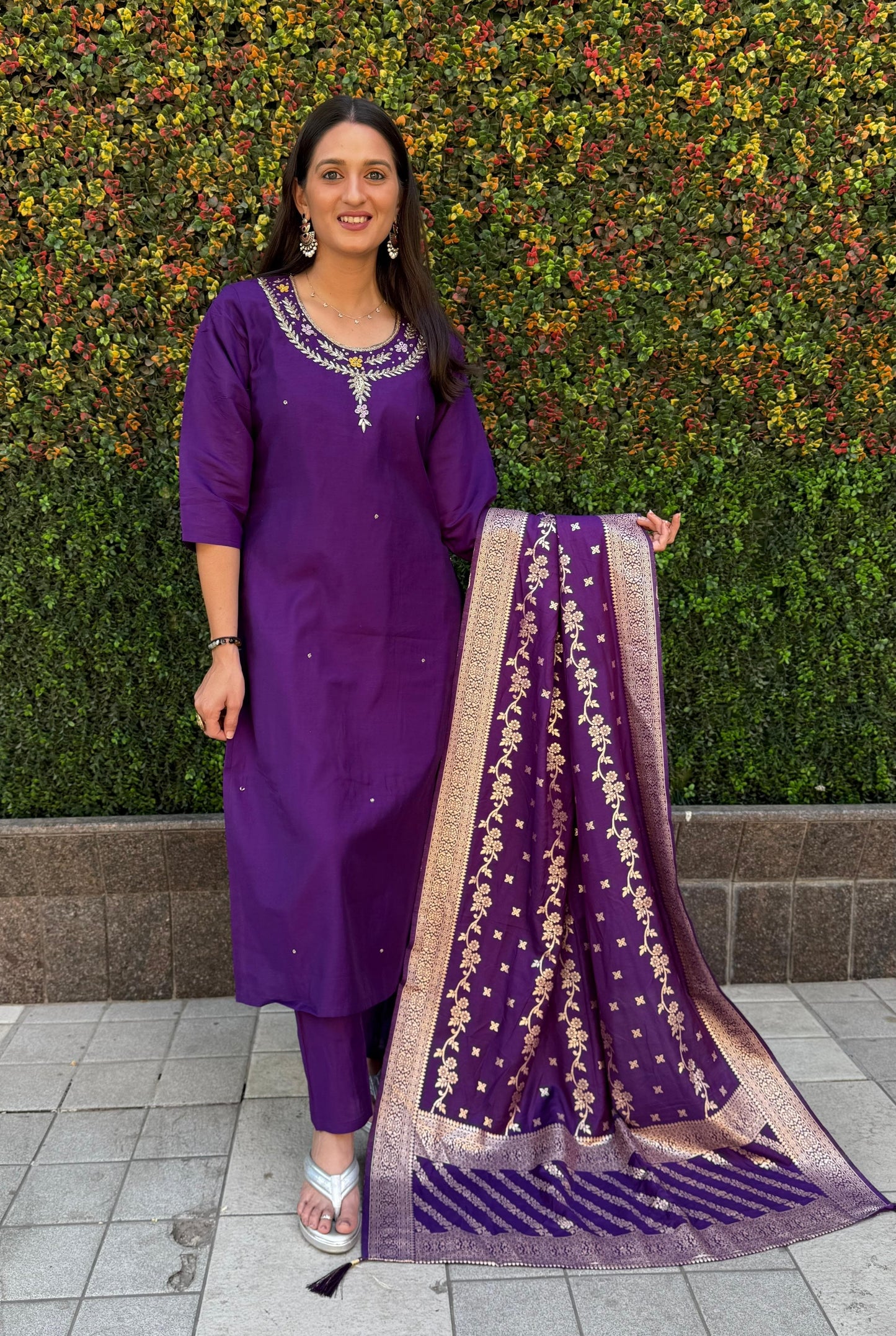 Siksyra Designer Roman Silk Kurti Pant Dupatta Set (KR-352) – Premium Purple Ethnic Wear