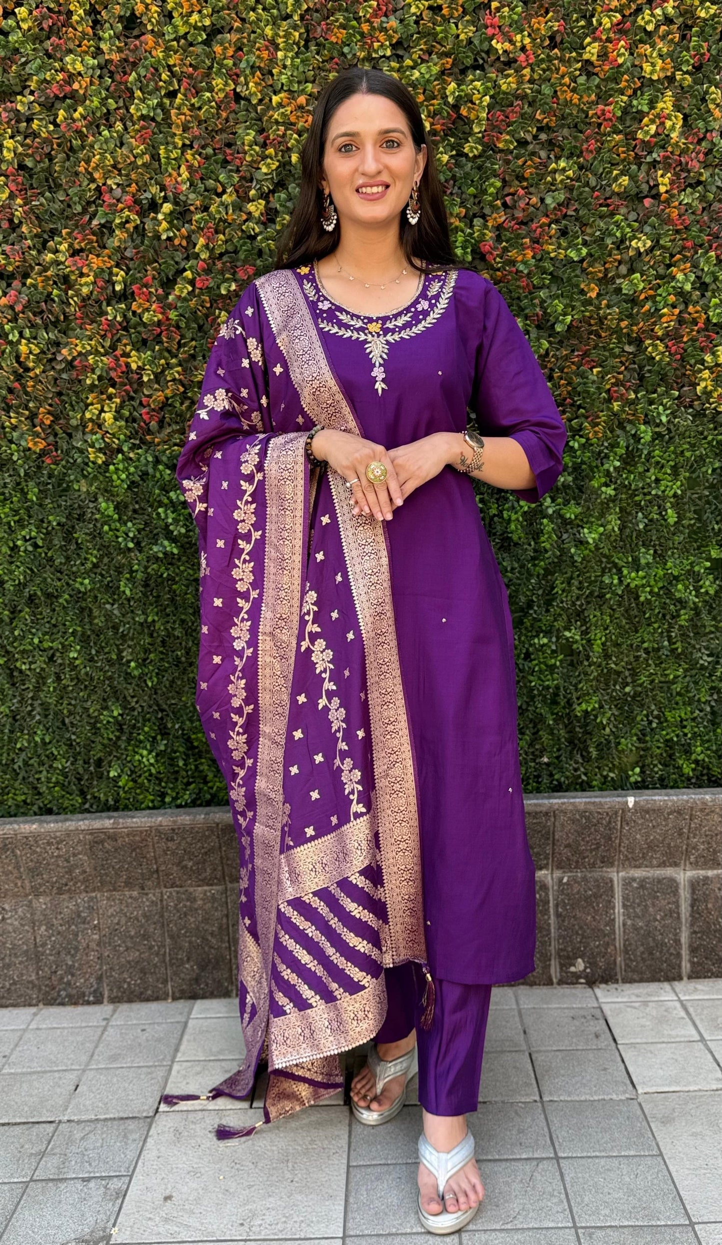 Siksyra Designer Roman Silk Kurti Pant Dupatta Set (KR-352) – Premium Purple Ethnic Wear