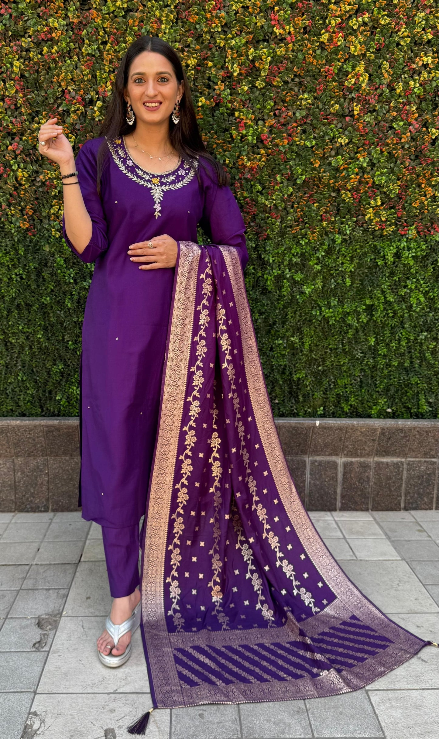 Siksyra Designer Roman Silk Kurti Pant Dupatta Set (KR-352) – Premium Purple Ethnic Wear