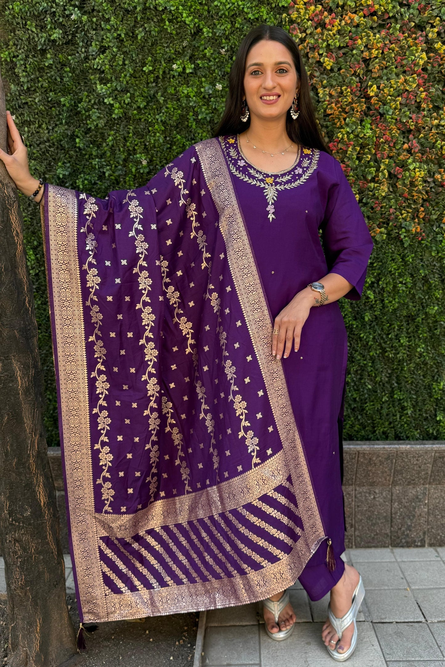 Siksyra Designer Roman Silk Kurti Pant Dupatta Set (KR-352) – Premium Purple Ethnic Wear