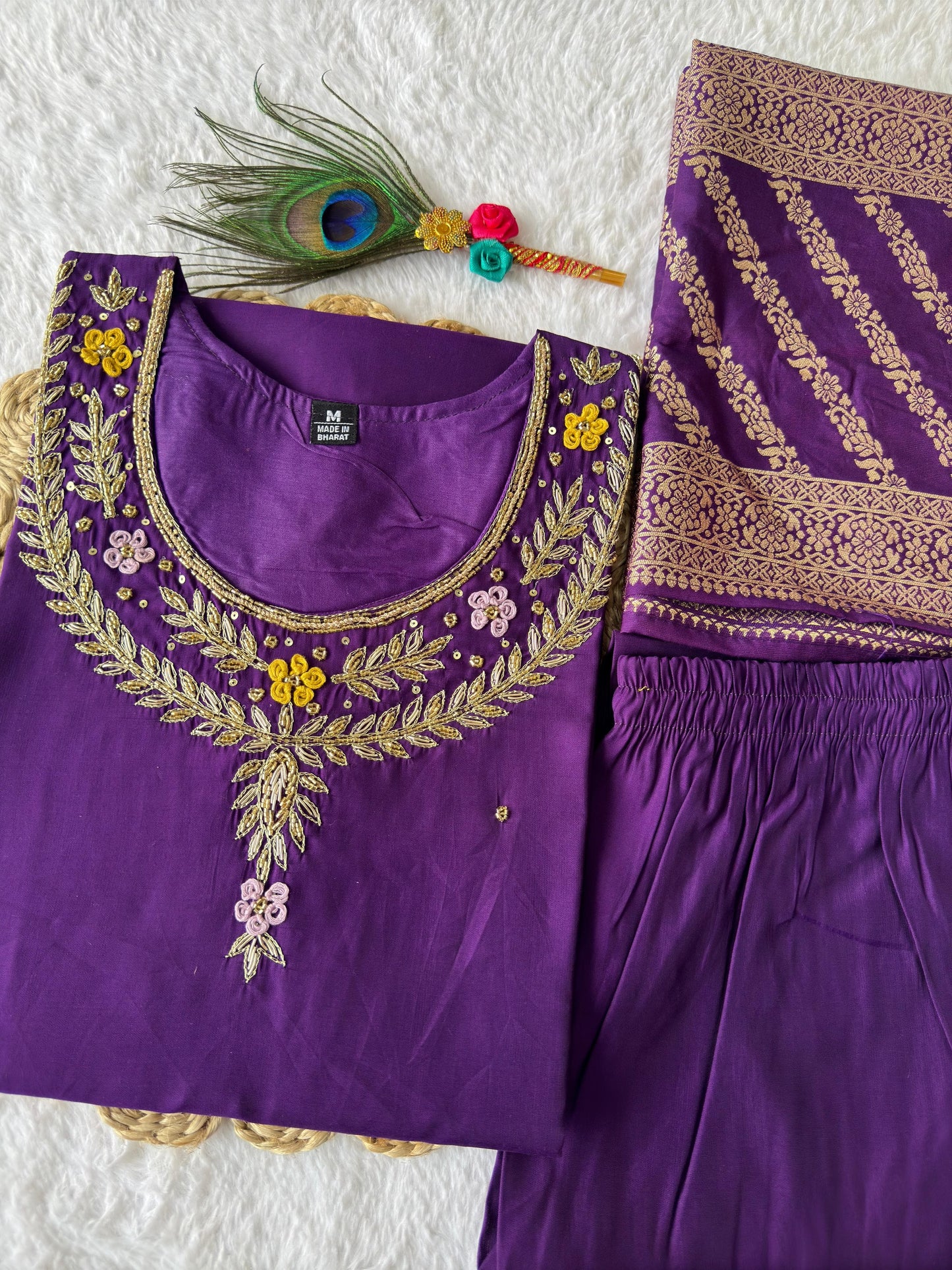 Siksyra Designer Roman Silk Kurti Pant Dupatta Set (KR-352) – Premium Purple Ethnic Wear