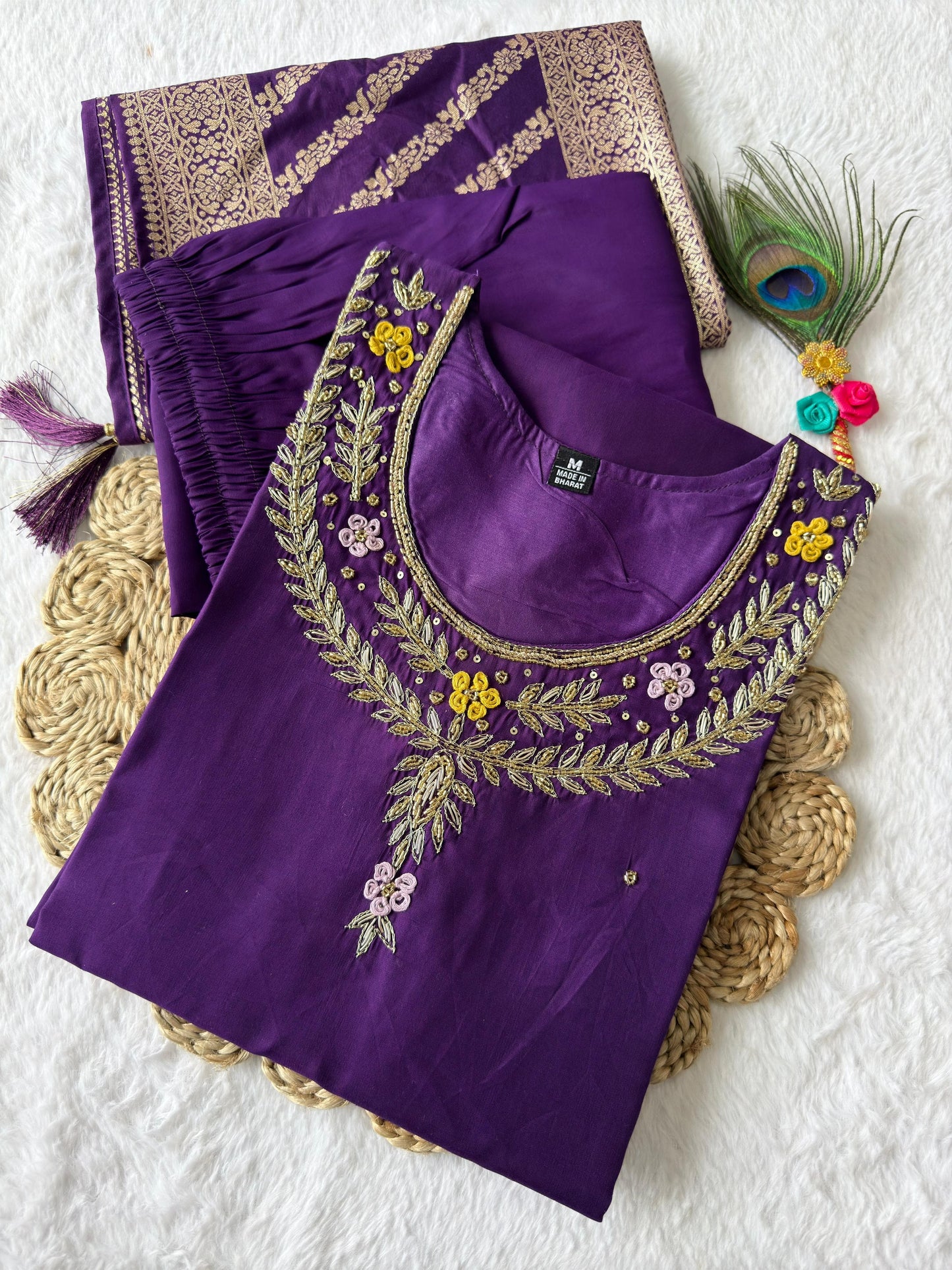 Siksyra Designer Roman Silk Kurti Pant Dupatta Set (KR-352) – Premium Purple Ethnic Wear