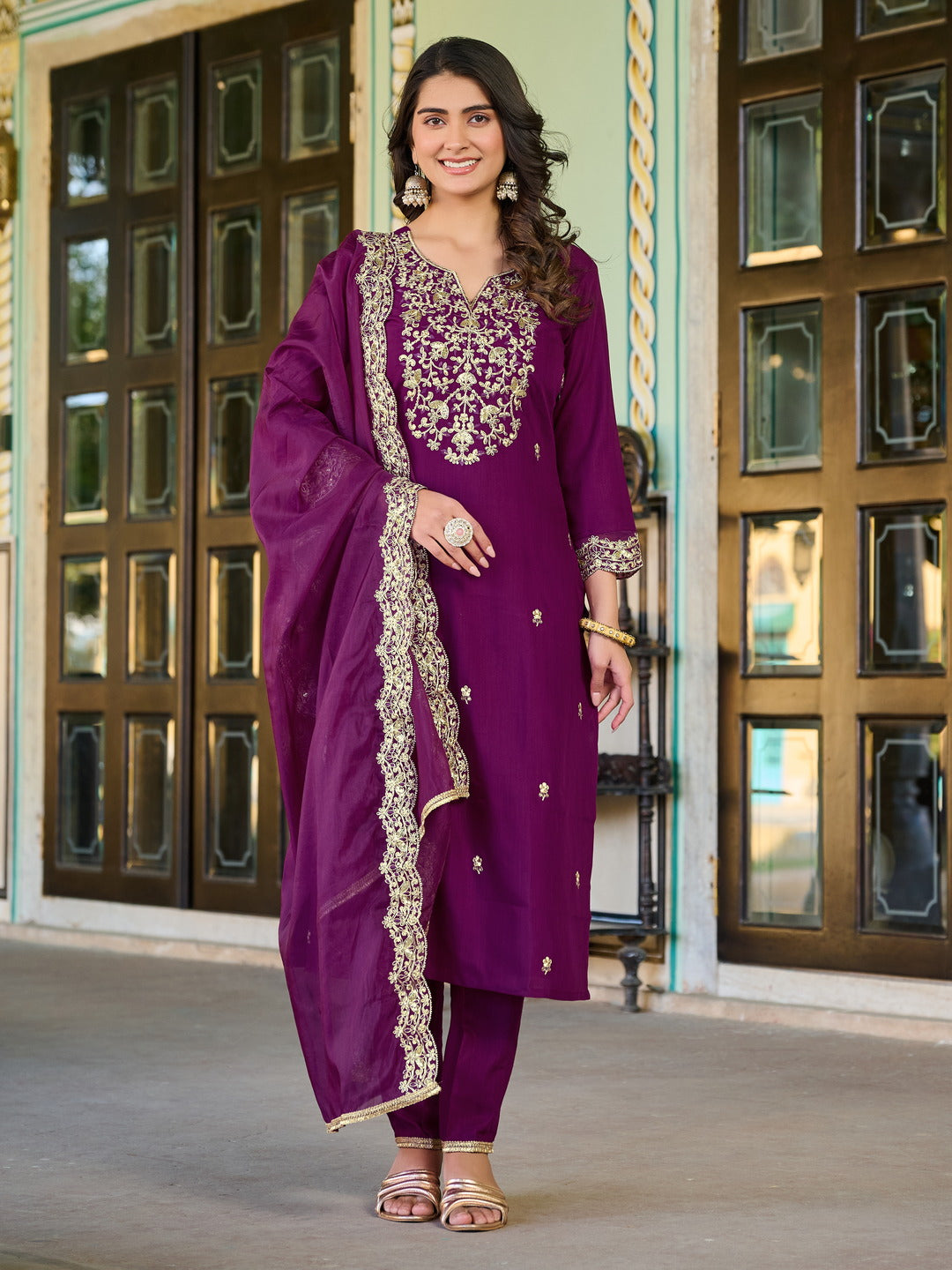 Siksyra Sajni AV-3303P Roman Silk Kurti Pant Set with Organza Dupatta – Premium Ethnic Wear for Women