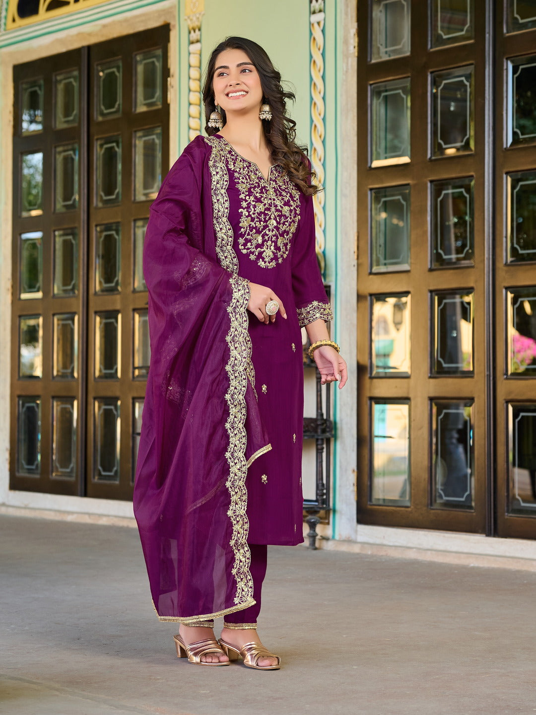 Siksyra Sajni AV-3303P Roman Silk Kurti Pant Set with Organza Dupatta – Premium Ethnic Wear for Women