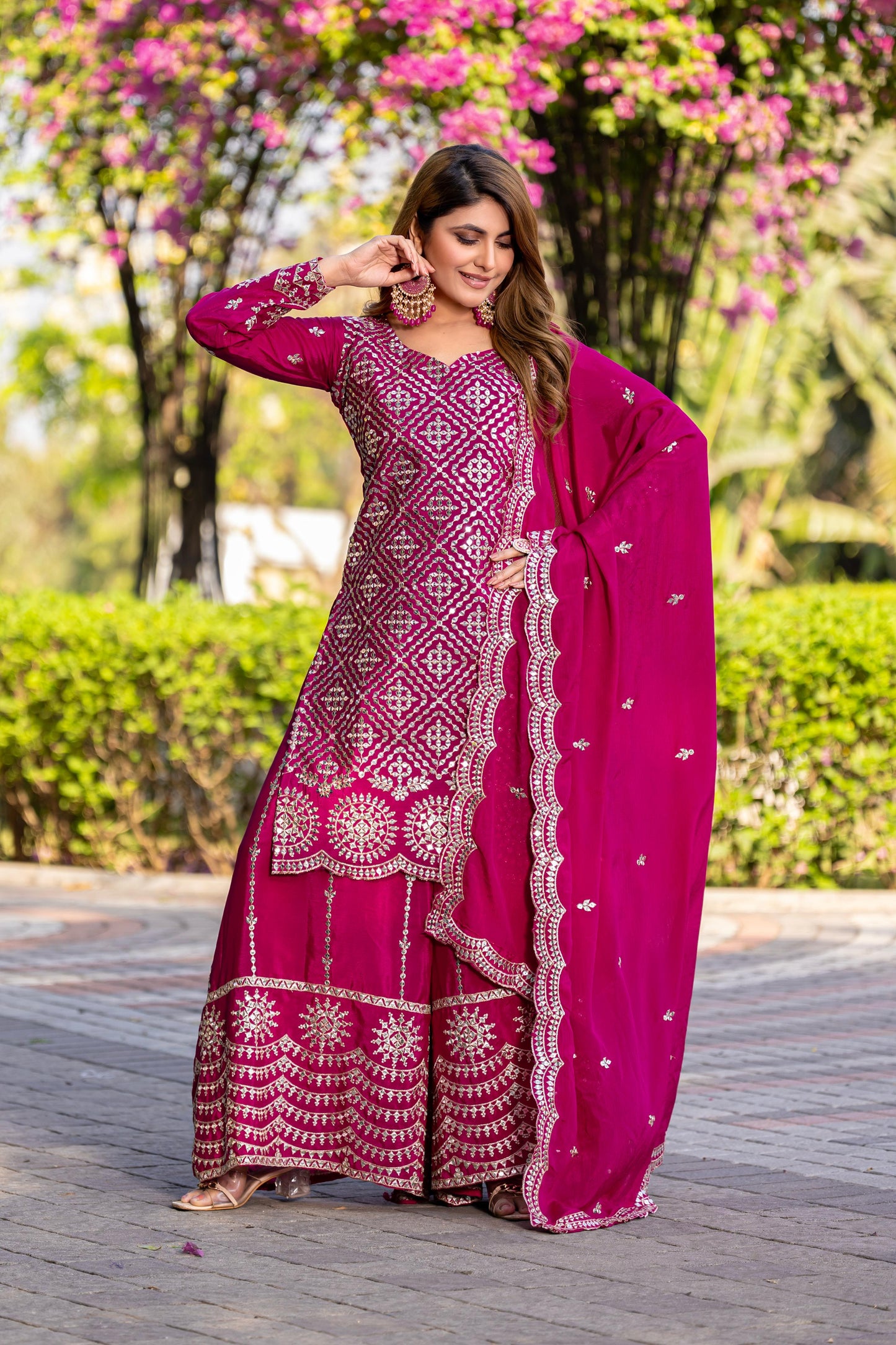 Siksyra RAM-098 Premium Chinon Kurti Palazzo & Dupatta Set – Embroidered Party Wear for Women