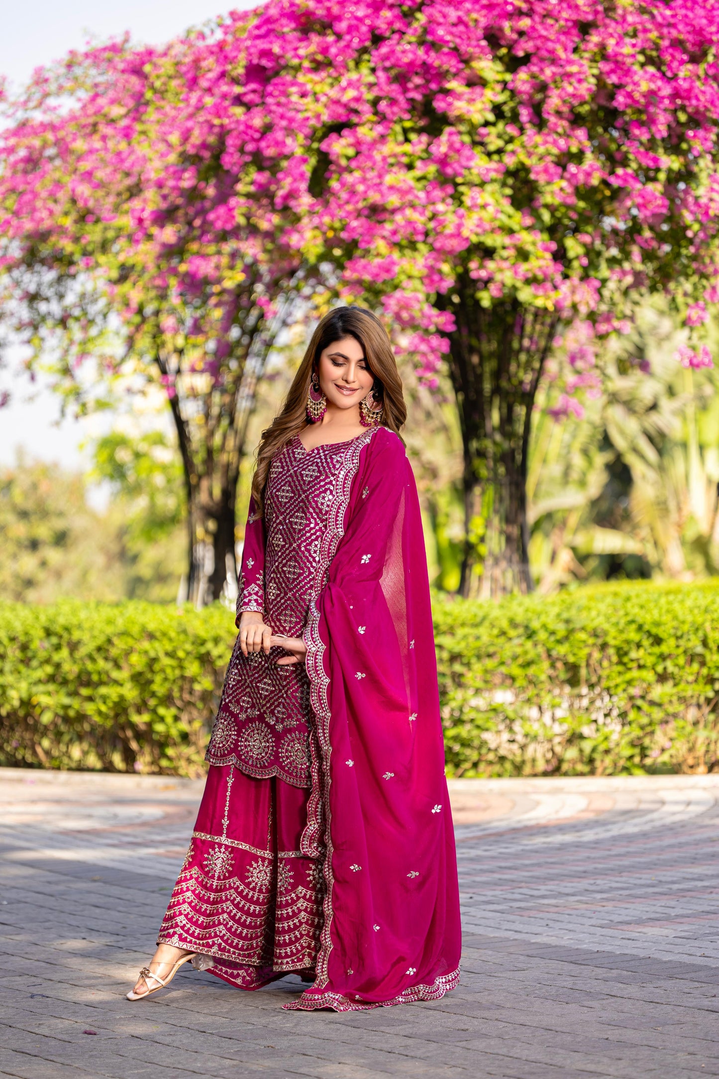 Siksyra RAM-098 Premium Chinon Kurti Palazzo & Dupatta Set – Embroidered Party Wear for Women