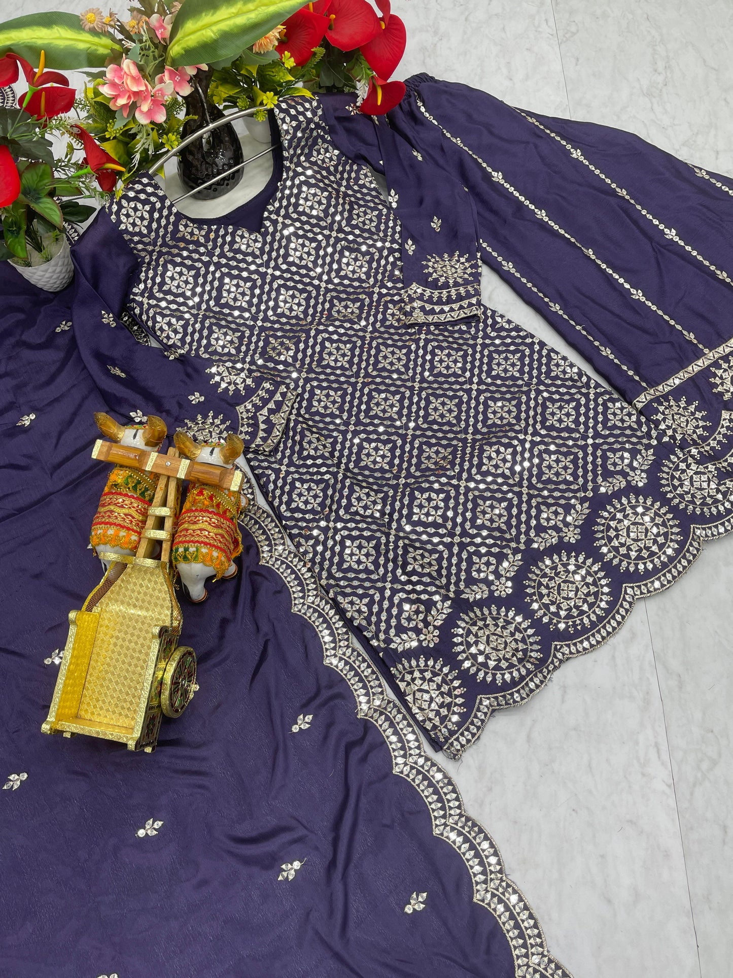 Siksyra RAM-098 Premium Chinon Kurti Palazzo & Dupatta Set – Embroidered Party Wear for Women