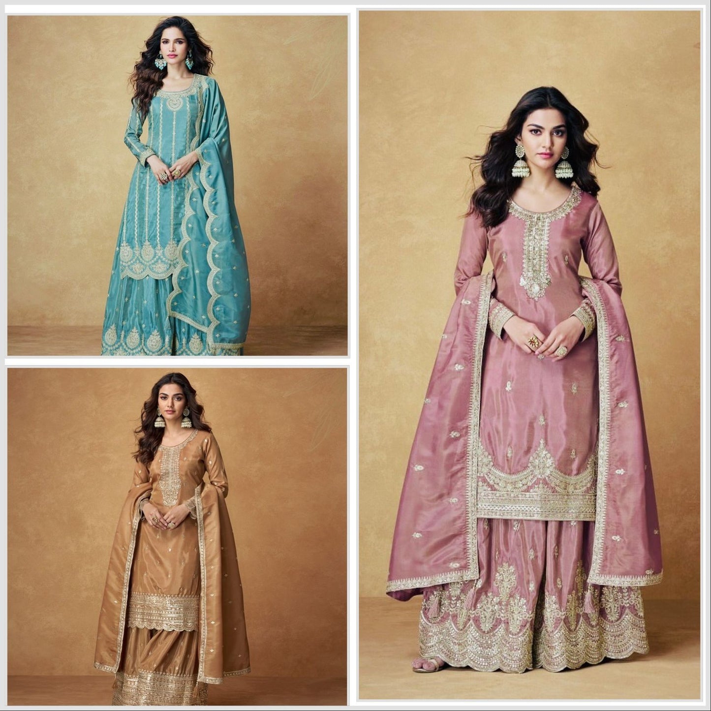 Designer Chinon Silk Embroidered Party Wear Top, Palazzo & Dupatta Set – Fully Stitched | Siksyra