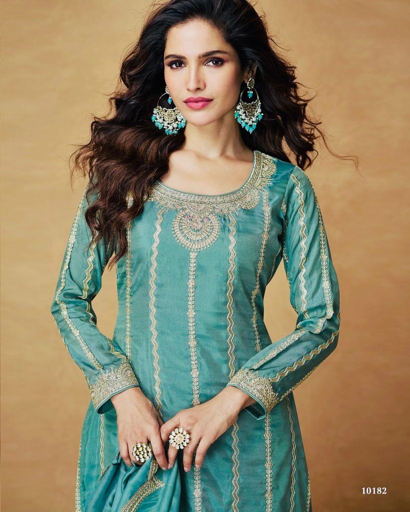 Designer Chinon Silk Embroidered Party Wear Top, Palazzo & Dupatta Set – Fully Stitched | Siksyra