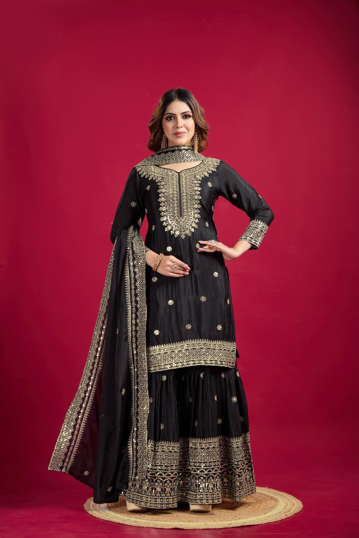 Siksyra NSR-800 Premium Chinnon Silk Sharara Set with Heavy Embroidery – Fully Stitched Party Wear for Women
