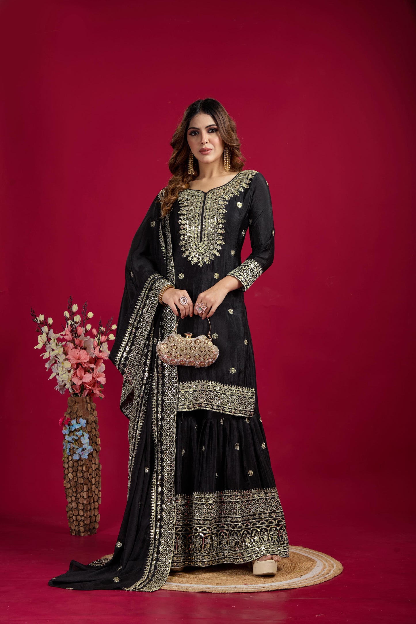 Siksyra NSR-800 Premium Chinnon Silk Sharara Set with Heavy Embroidery – Fully Stitched Party Wear for Women
