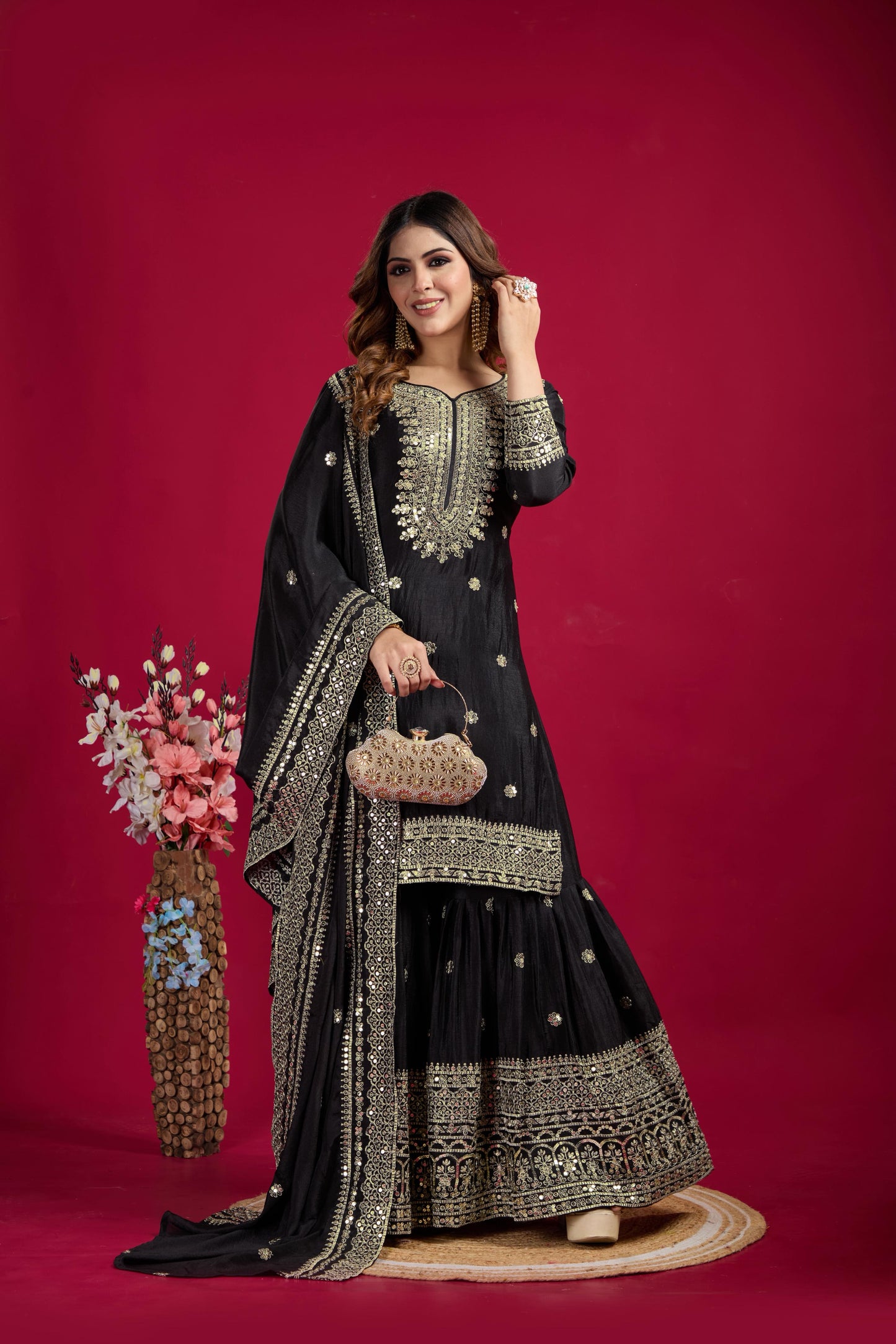 Siksyra NSR-800 Premium Chinnon Silk Sharara Set with Heavy Embroidery – Fully Stitched Party Wear for Women