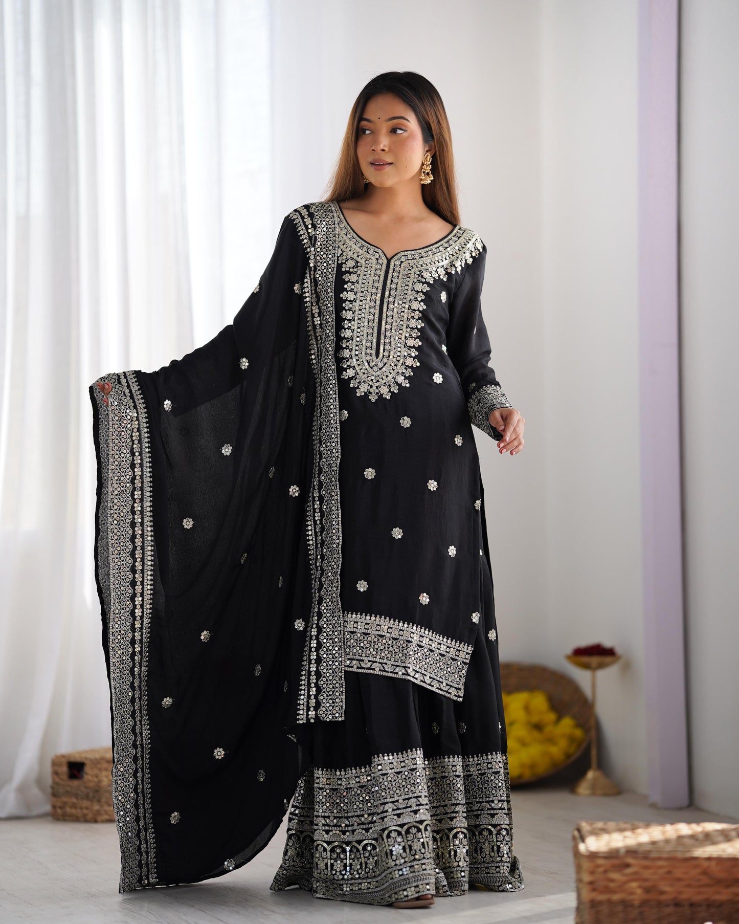 Siksyra NSR-800 Premium Chinnon Silk Sharara Set with Heavy Embroidery – Fully Stitched Party Wear for Women