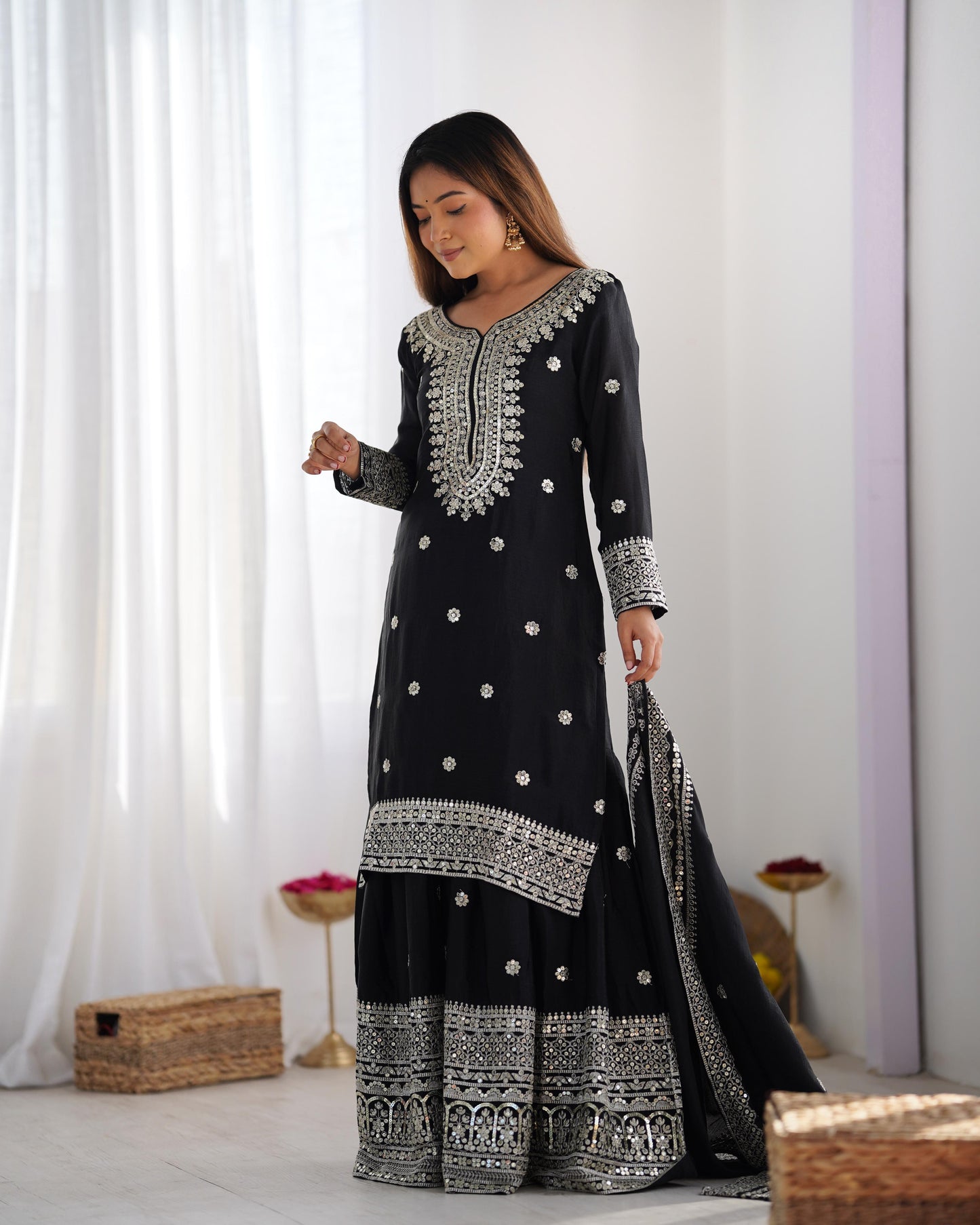Siksyra NSR-800 Premium Chinnon Silk Sharara Set with Heavy Embroidery – Fully Stitched Party Wear for Women