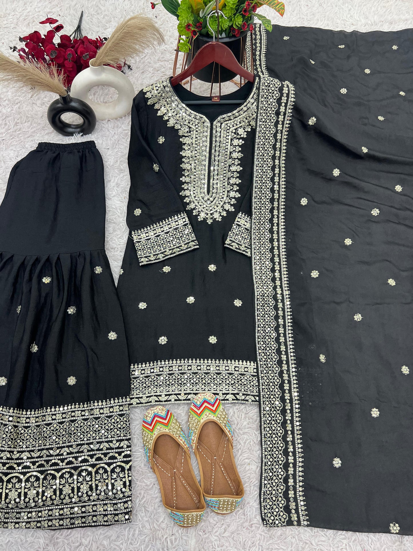 Siksyra NSR-800 Premium Chinnon Silk Sharara Set with Heavy Embroidery – Fully Stitched Party Wear for Women