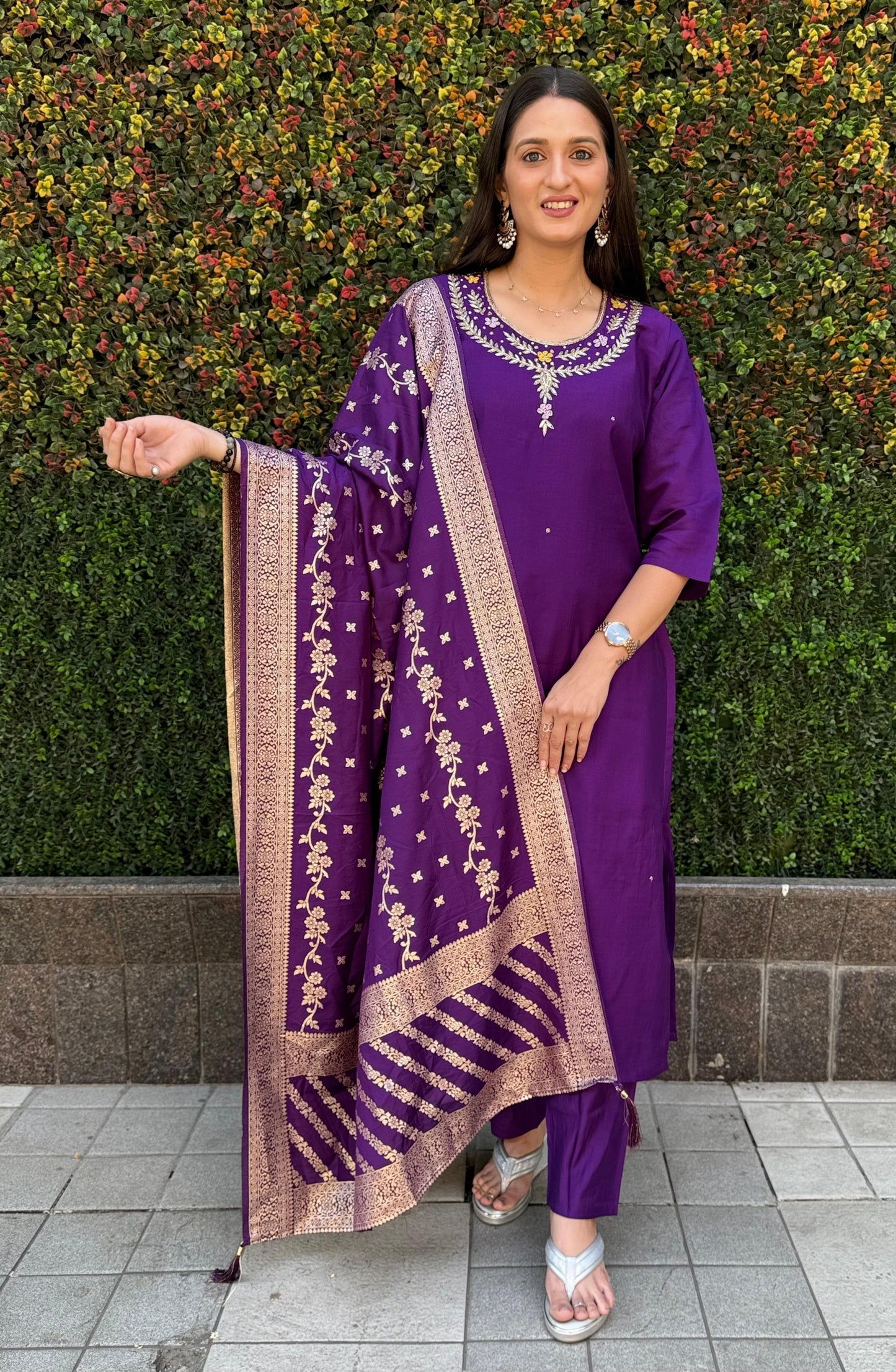 Siksyra Designer Roman Silk Kurti Pant Dupatta Set (KR-352) – Premium Purple Ethnic Wear