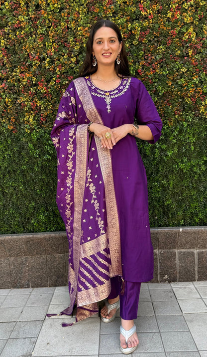 Siksyra Designer Roman Silk Kurti Pant Dupatta Set (KR-352) – Premium Purple Ethnic Wear