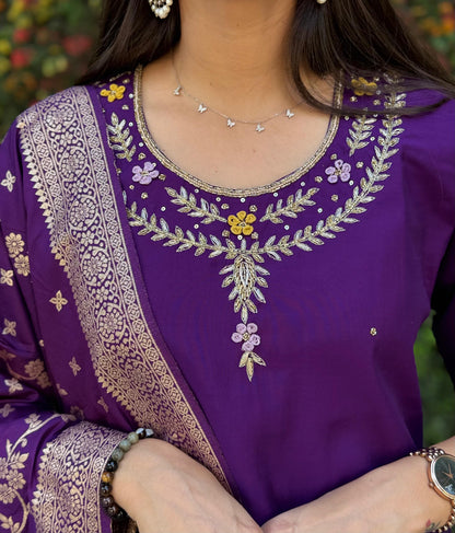Siksyra Designer Roman Silk Kurti Pant Dupatta Set (KR-352) – Premium Purple Ethnic Wear