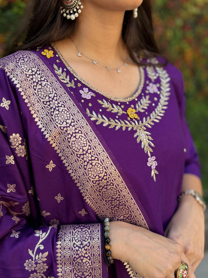 Siksyra Designer Roman Silk Kurti Pant Dupatta Set (KR-352) – Premium Purple Ethnic Wear