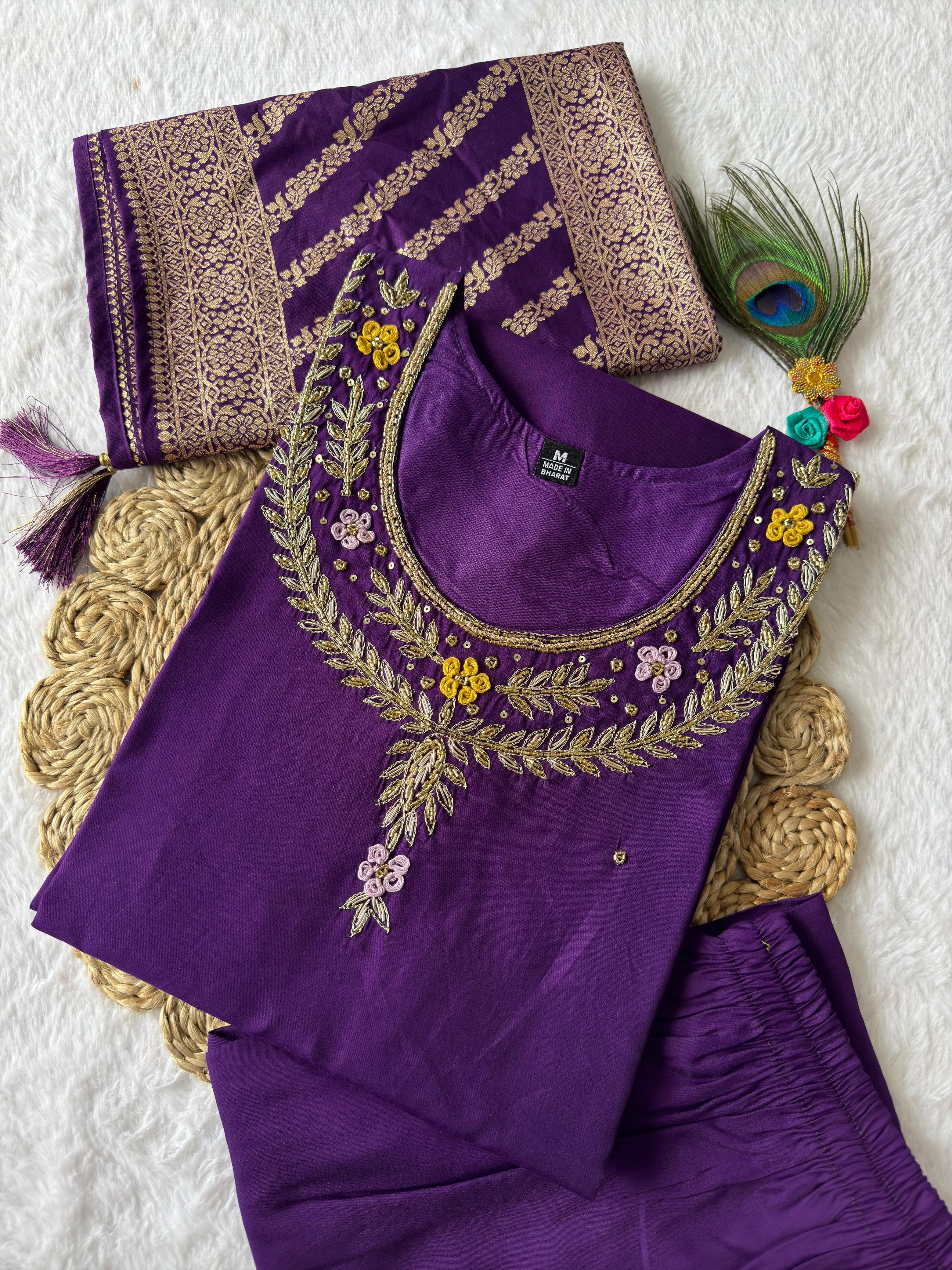 Siksyra Designer Roman Silk Kurti Pant Dupatta Set (KR-352) – Premium Purple Ethnic Wear