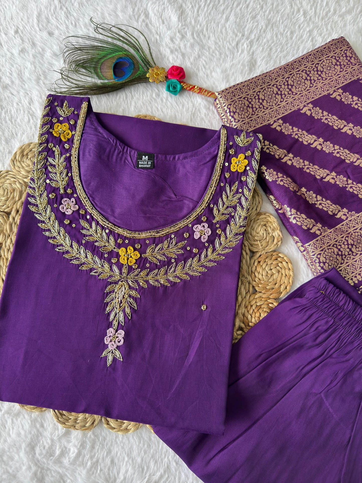 Siksyra Designer Roman Silk Kurti Pant Dupatta Set (KR-352) – Premium Purple Ethnic Wear