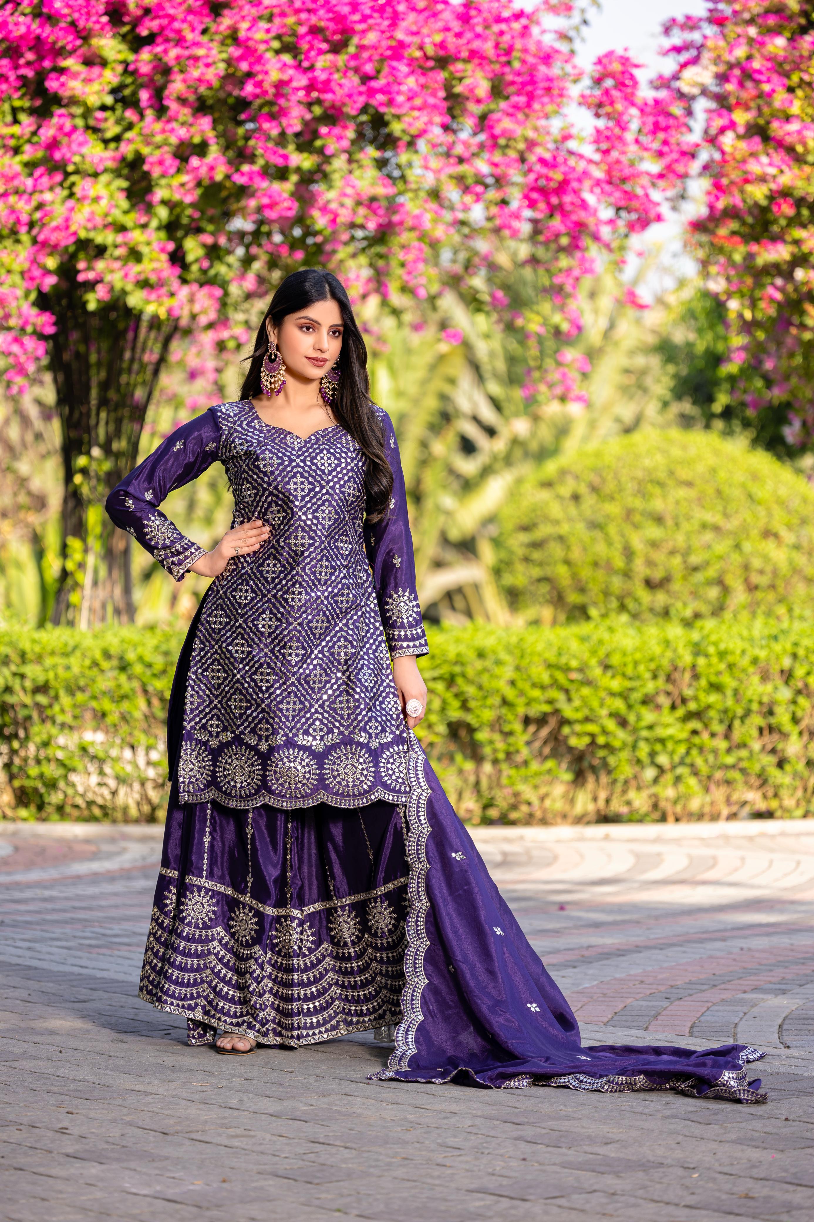 Siksyra RAM-098 Premium Chinon Kurti Palazzo & Dupatta Set – Embroidered Party Wear for Women