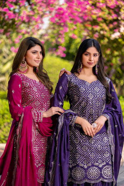 Siksyra RAM-098 Premium Chinon Kurti Palazzo & Dupatta Set – Embroidered Party Wear for Women