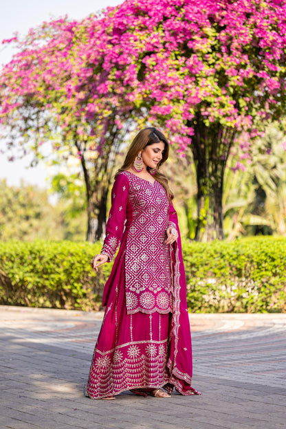 Siksyra RAM-098 Premium Chinon Kurti Palazzo & Dupatta Set – Embroidered Party Wear for Women