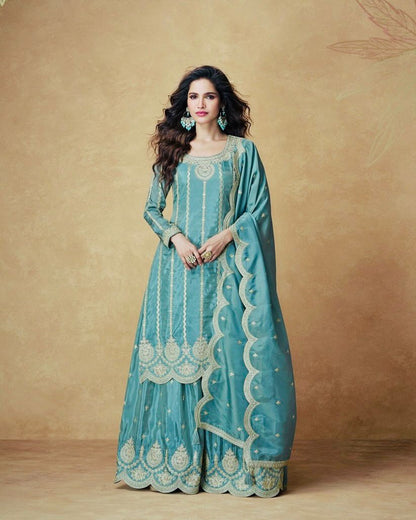 Designer Chinon Silk Embroidered Party Wear Top, Palazzo &amp; Dupatta Set – Fully Stitched | Siksyra