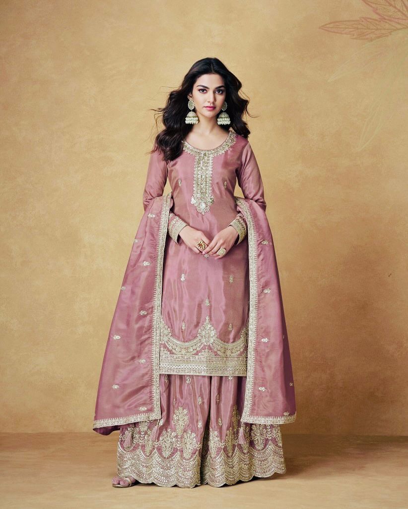 Designer Chinon Silk Embroidered Party Wear Top, Palazzo &amp; Dupatta Set – Fully Stitched | Siksyra