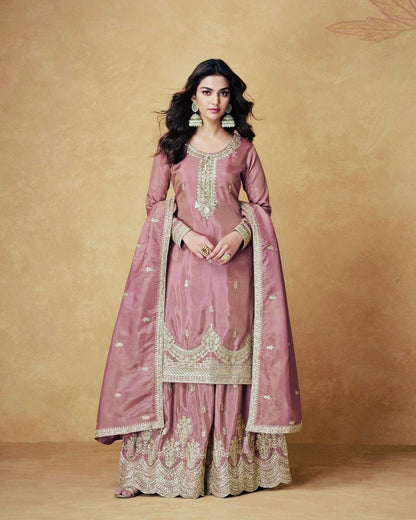 Designer Chinon Silk Embroidered Party Wear Top, Palazzo &amp; Dupatta Set – Fully Stitched | Siksyra