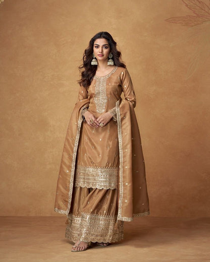 Designer Chinon Silk Embroidered Party Wear Top, Palazzo &amp; Dupatta Set – Fully Stitched | Siksyra