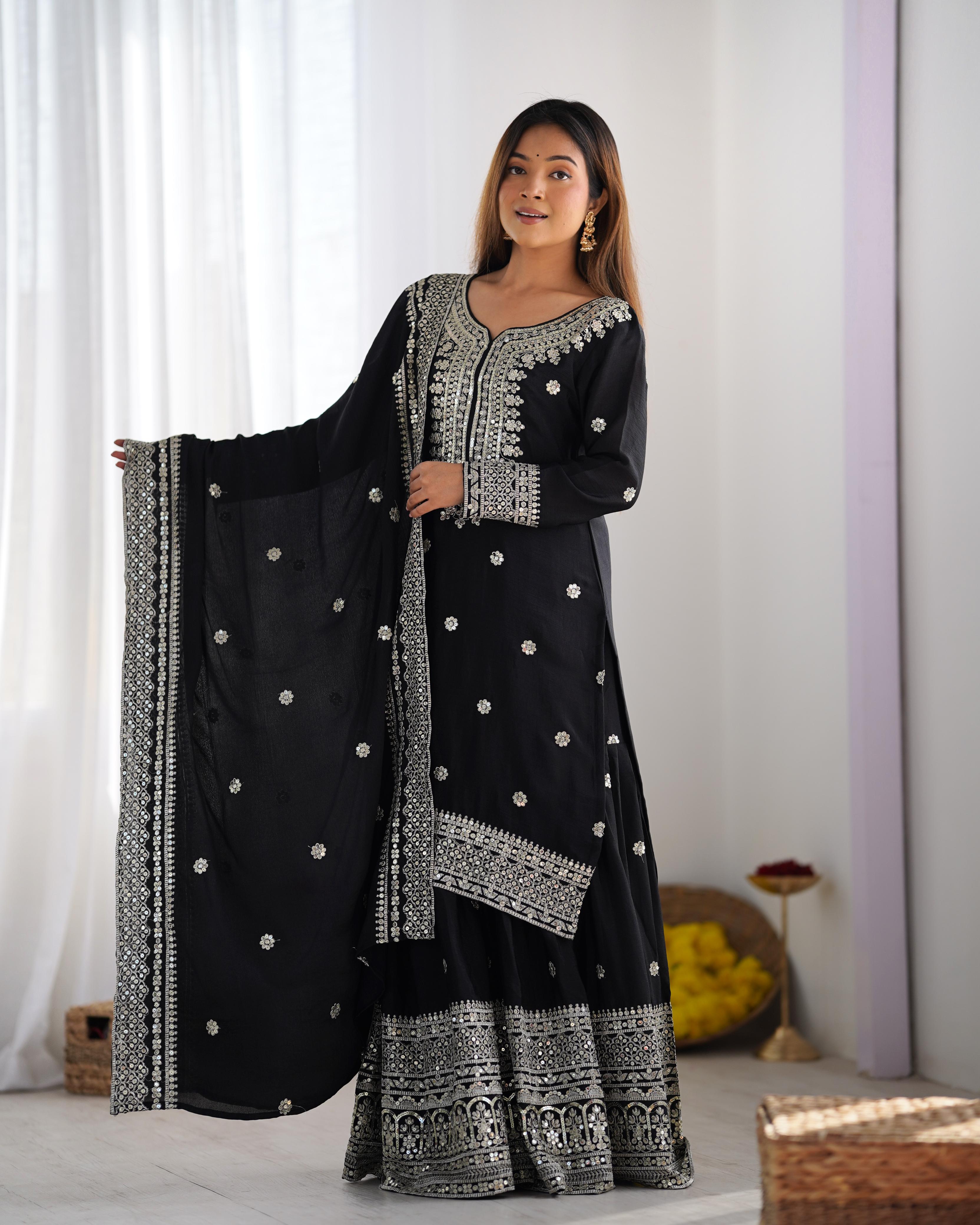 Siksyra NSR-800 Premium Chinnon Silk Sharara Set with Heavy Embroidery – Fully Stitched Party Wear for Women