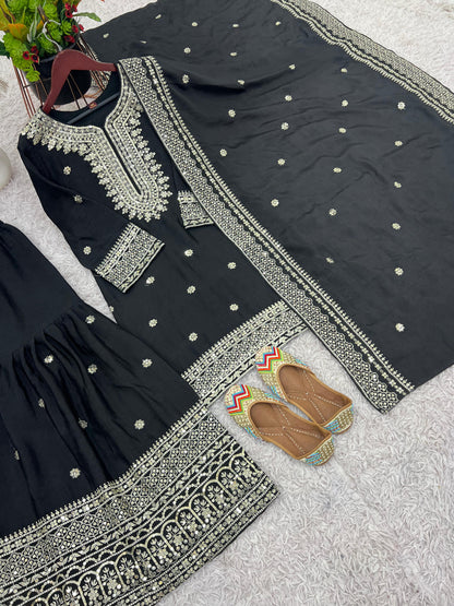 Siksyra NSR-800 Premium Chinnon Silk Sharara Set with Heavy Embroidery – Fully Stitched Party Wear for Women