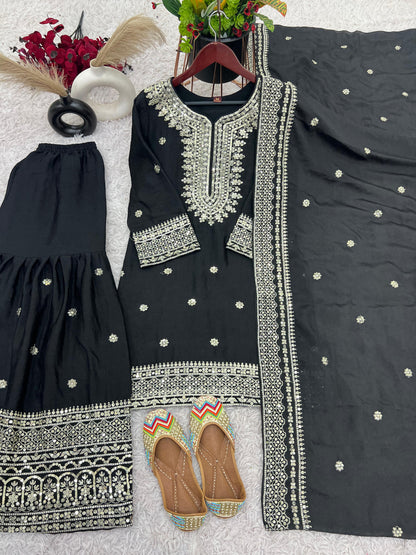 Siksyra NSR-800 Premium Chinnon Silk Sharara Set with Heavy Embroidery – Fully Stitched Party Wear for Women