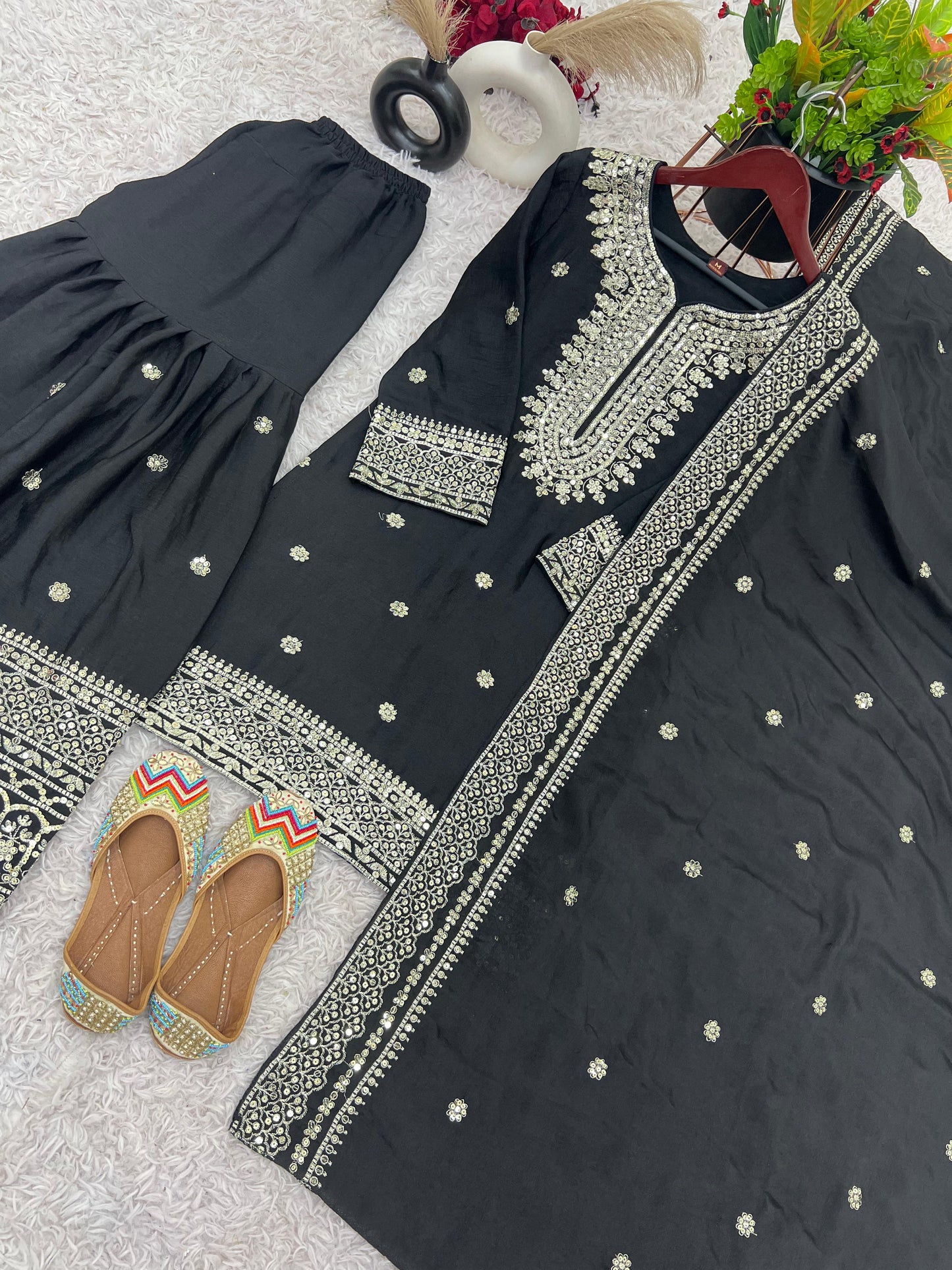 Siksyra NSR-800 Premium Chinnon Silk Sharara Set with Heavy Embroidery – Fully Stitched Party Wear for Women