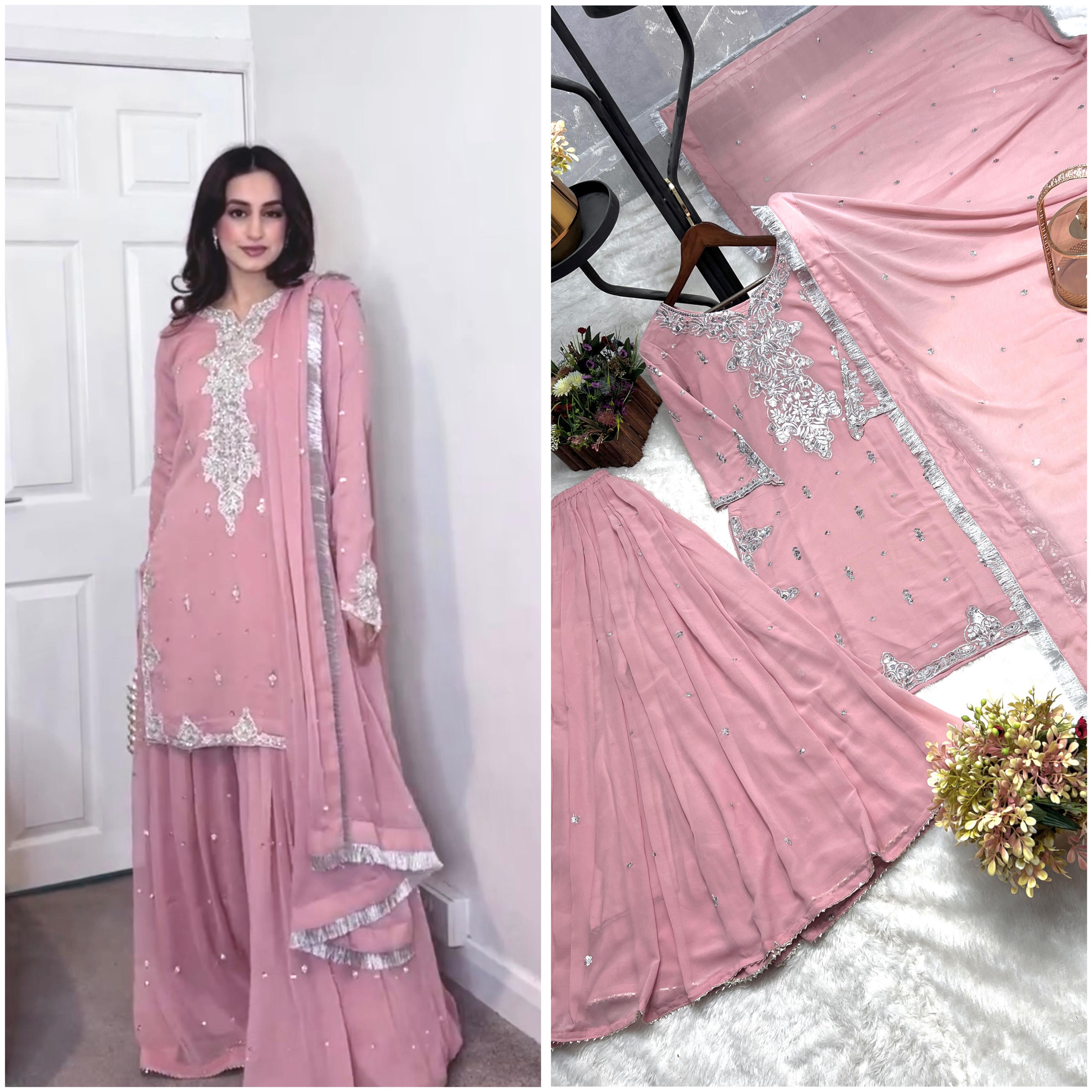 Siksyra JD-600 Embroidered Kurti, Plazzo & Dupatta Set | Heavy Faux Georgette