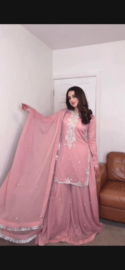 Siksyra JD-600 Embroidered Kurti, Plazzo & Dupatta Set | Heavy Faux Georgette