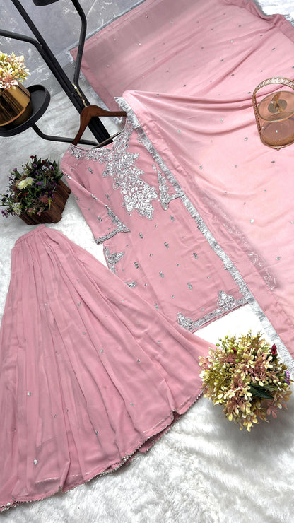 Siksyra JD-600 Embroidered Kurti, Plazzo & Dupatta Set | Heavy Faux Georgette