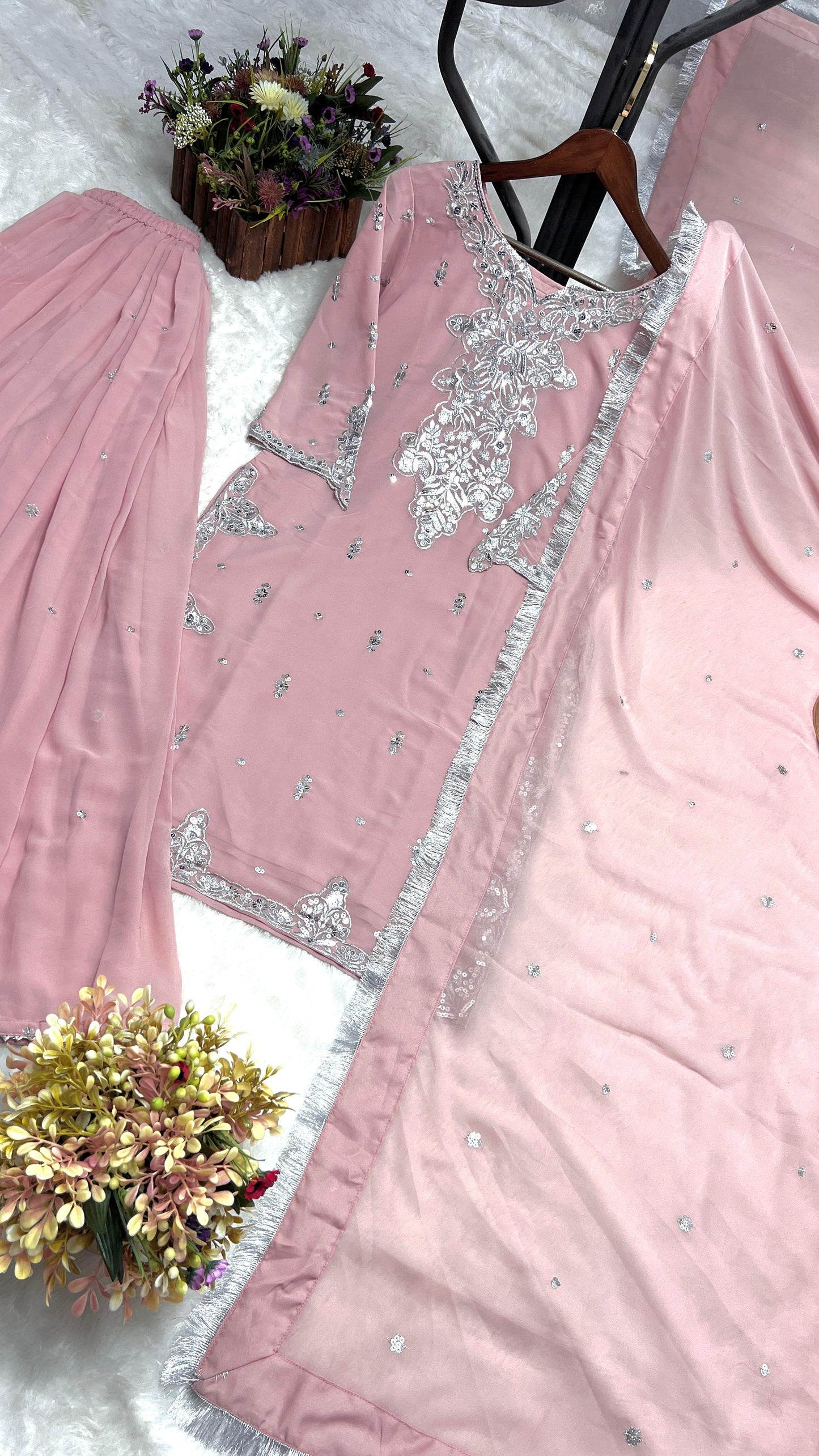 Siksyra JD-600 Embroidered Kurti, Plazzo & Dupatta Set | Heavy Faux Georgette